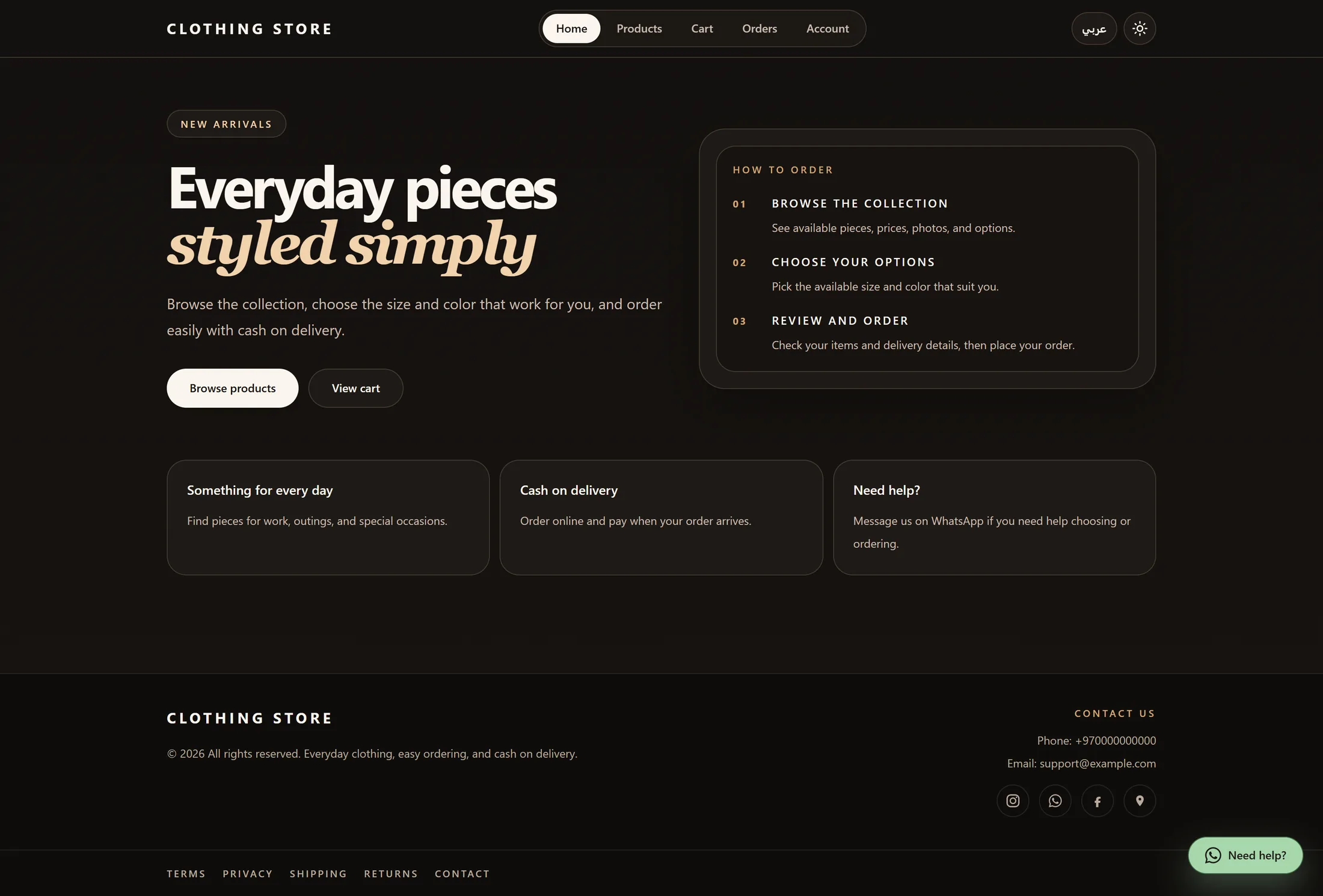 Dark mode homepage screenshot for the clothing ecommerce template