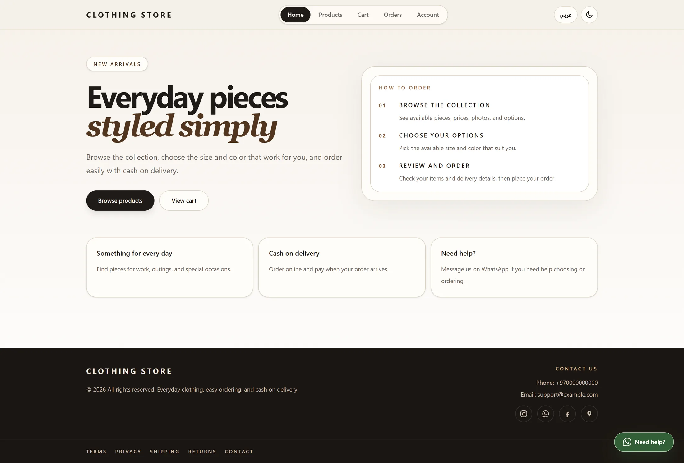 Light mode homepage screenshot for the clothing ecommerce template